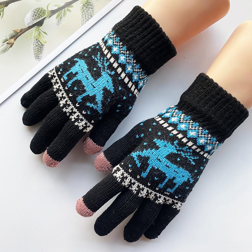 Women's Winter Touchscreen Gloves - Fleece-Lined Wool, Cartoon Deer Design, Warm Cycling Accessory