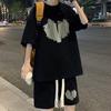 2Pcs/Set Men Summer Outfit Round Neck Short Sleeve Tops Wide Leg Shorts Set Heart Pattern Loose Fit Tracksuit