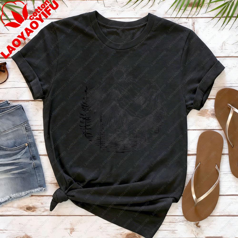 T-shirt da Donna Foresta Montagna Sole Cotone Manica Corta Top Casual Moda Top Estivo Outdoor T-shirt con Fantasia Classica