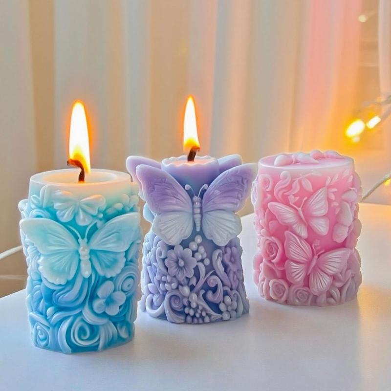 Silicone Cylinder Candle Mould With Florals Butterfly Embossed Designs for Artistics Handmade Candle and Home Decoration