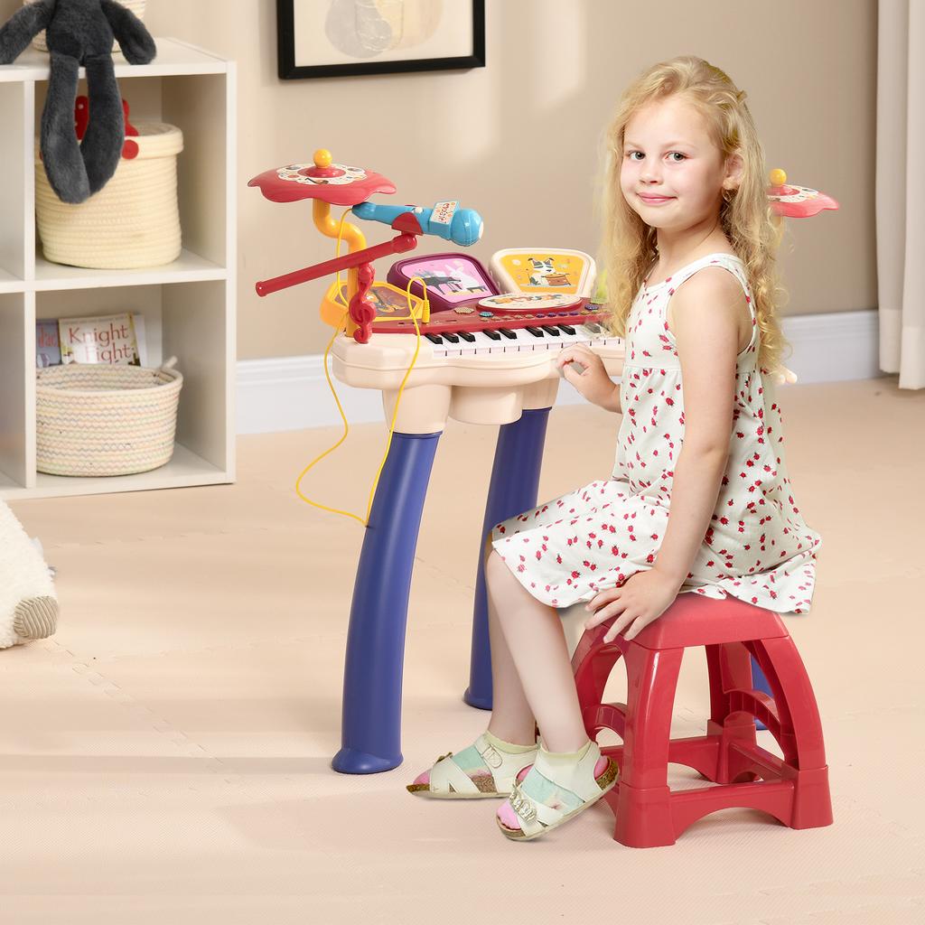 2-in-1 Kids Music Set Piano and Electronic Drums with Microphone and Stool