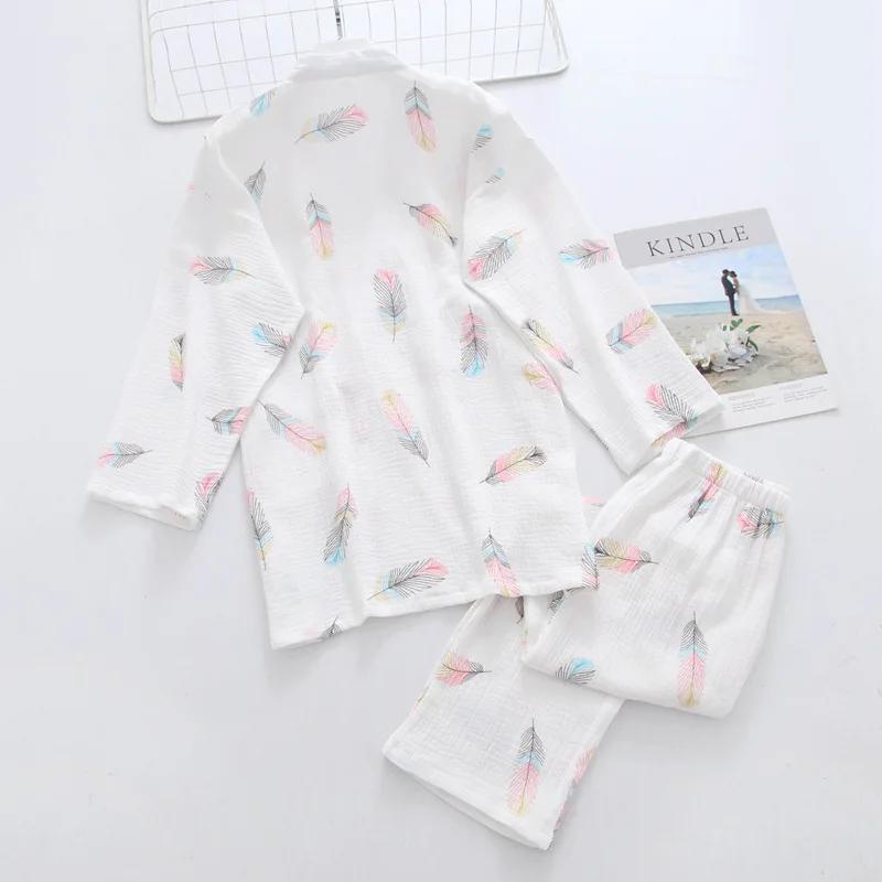 Pijama feminino primavera e verão conjunto de duas peças calças manga três quartos algodão puro crepe renda conjunto de roupa para casa
