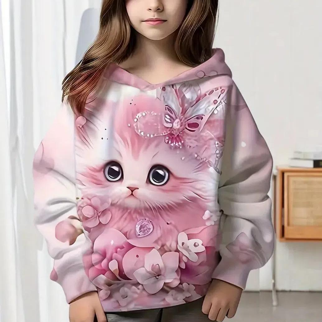 

Детская одежда Толстовки Одежда для девочек Длинные рукава Милый принт кота Повседневная детская летняя осенняя одежда Детская одежда Верхняя одежда для улицы 150CM