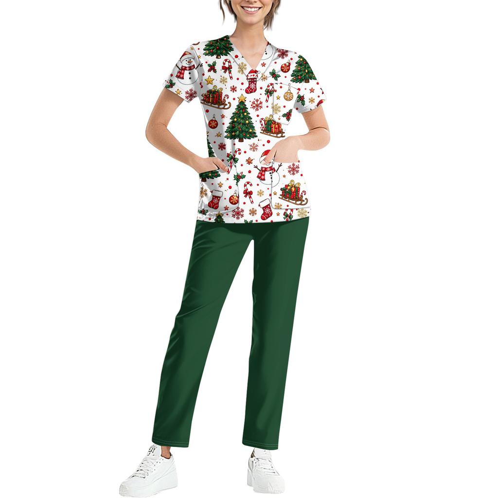 Women's Uniform Set with Short Sleeve Christmas Print Top and Pants, Two Piece Caregiver with Pockets