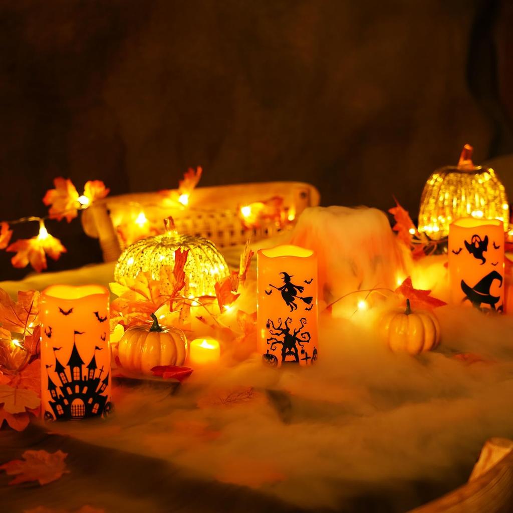 Halloween Candles, Orange Flameless Candles, Battery Operated LED Pillar Candles with Remote Timers Set of 3