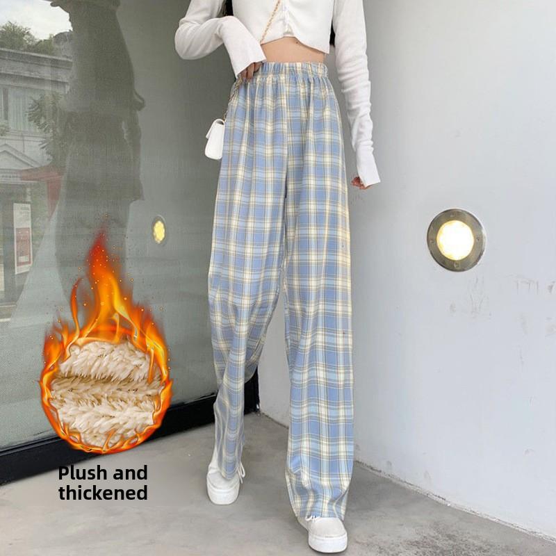 GMXIA Fleece Plaid Pants Women's Autumn and Winter Thickened High-waisted Slimming Straight Leg Casual Floor Wide Leg Pants