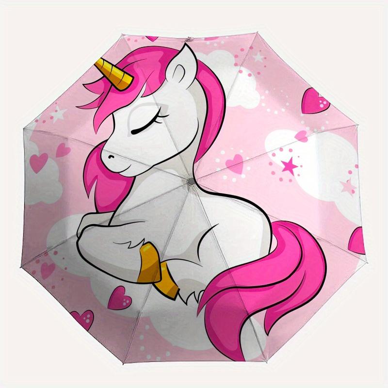 Unicorn, Hearts Automatic Folding Umbrella  8 Ribs, Durable Iron Frame, Bright Color Pattern Compact Travel Umbrella, Suitable for Outdoor,
