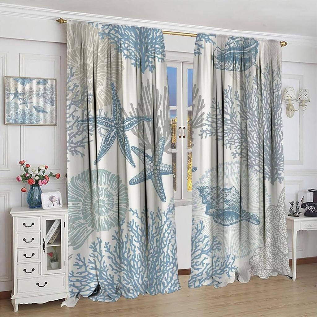 Nautical Coastal Window Curtains Beach Sea Starfish Seashell Curtain Living Room Bedroom Panels Set Inch Made Of Polyester Sitting Treatment