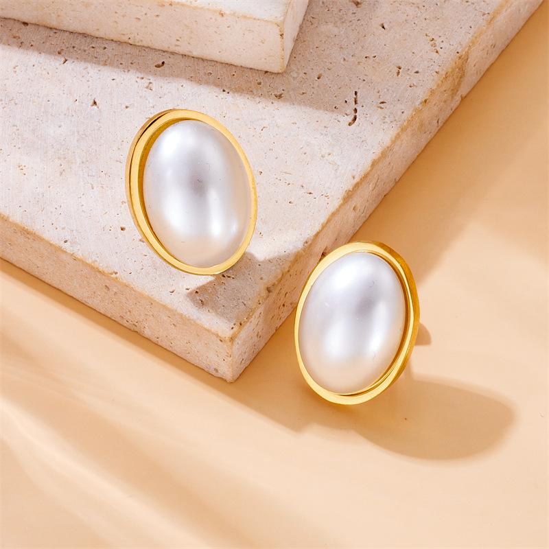 Gold Oval Mother of Pearl Stud Earrings for Women
