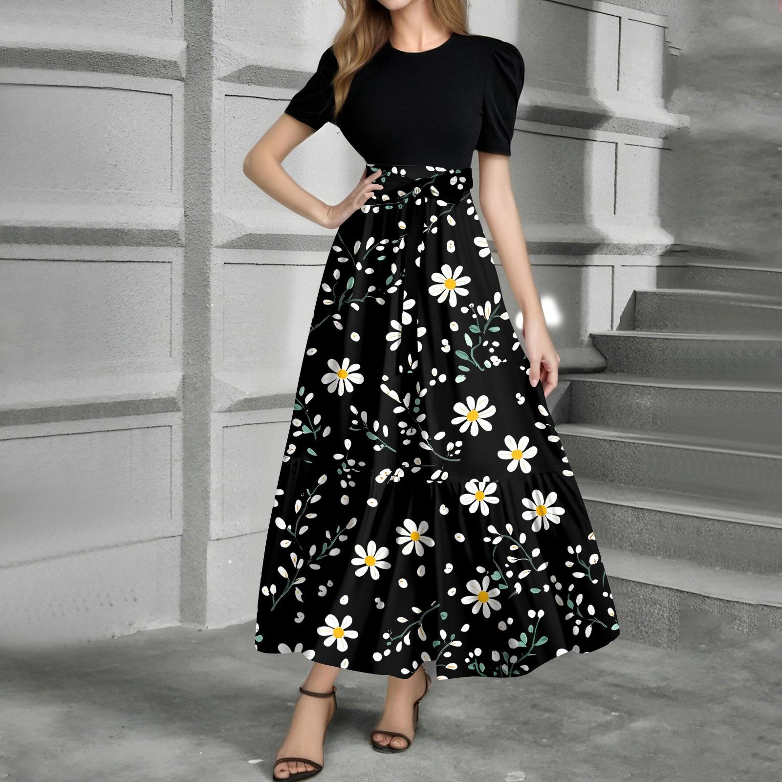 Women s Fashion Casual Belt Short Sleeve Round Neck Print Stitching Elegant Temperament Dress L