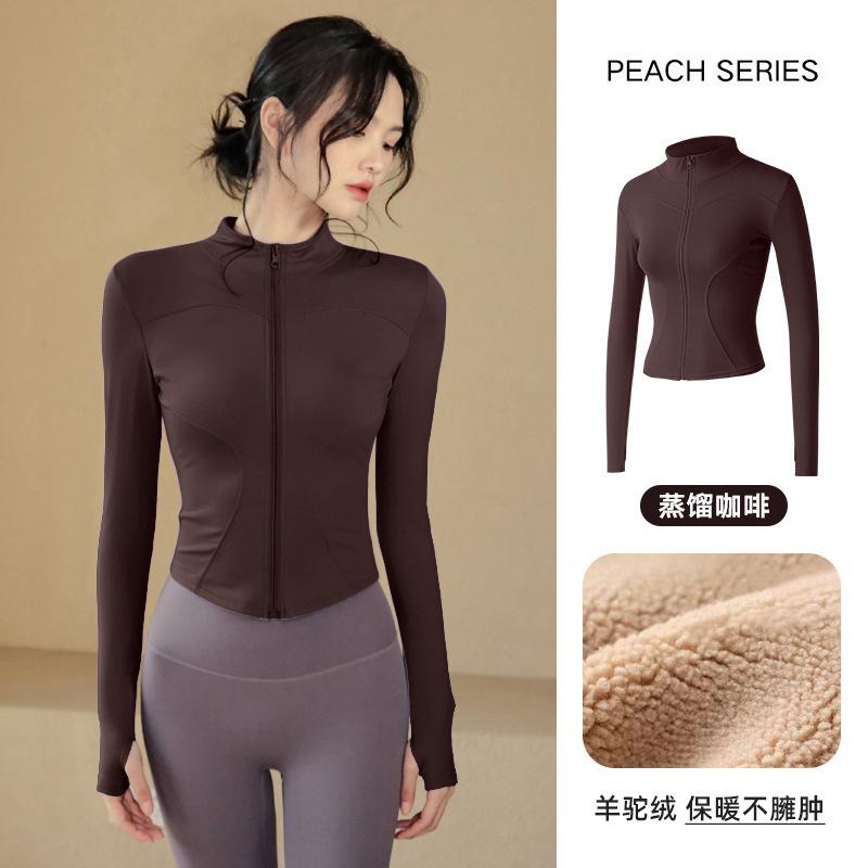 Spring warm tight stand-up neck cardigan slim yoga clothes jacket fitness clothes women's thick velvet running sports jacket