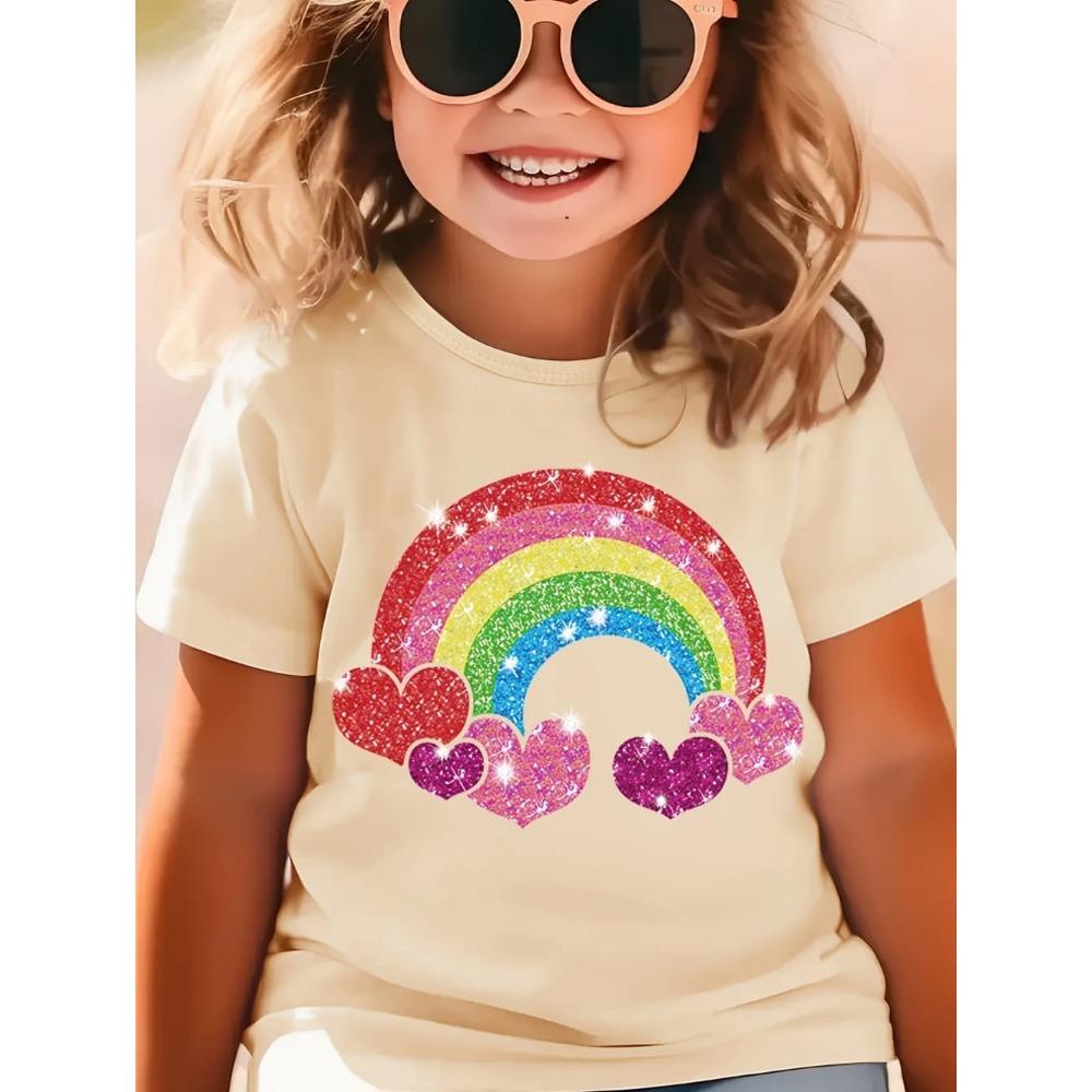 Children Cute T-Shirt for Girls Music Rainbow Print T-Shirt Girl Fashion Crew Neck Short Sleeve Top Clothing Gift Children Tops