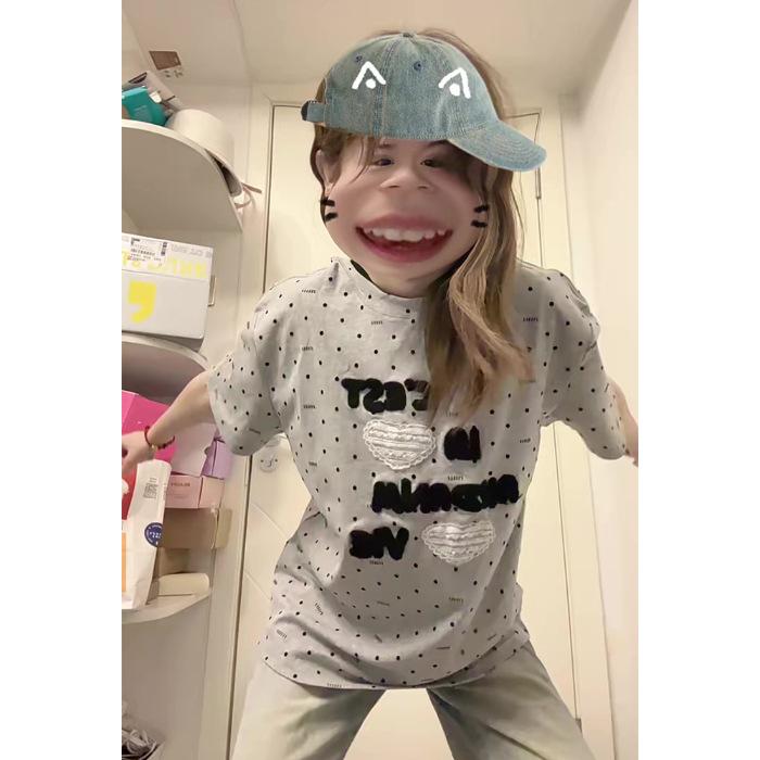 

Женская футболка с коротким рукавом и круглым вырезом в горошек в корейском стиле - Дизайн с вышивкой в виде букв, Крутой и модный топ из чистого хлопка XXL серый