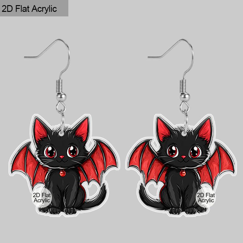 2D Flat Halloween Earrings Black Bat Cat Earrings Women's Cute Cartoon Halloween Acrylic Dangle Earrings Halloween Party Costume Jewelry Set