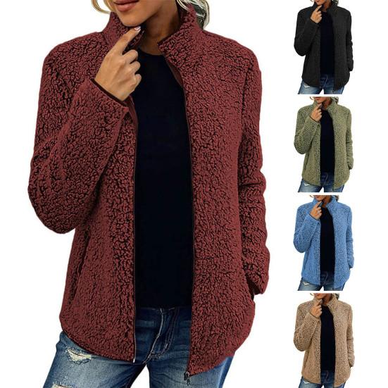 Stand Collar Long Sleeves Pockets Zipper Closure Fluffy Coat Women Autumn Winter
