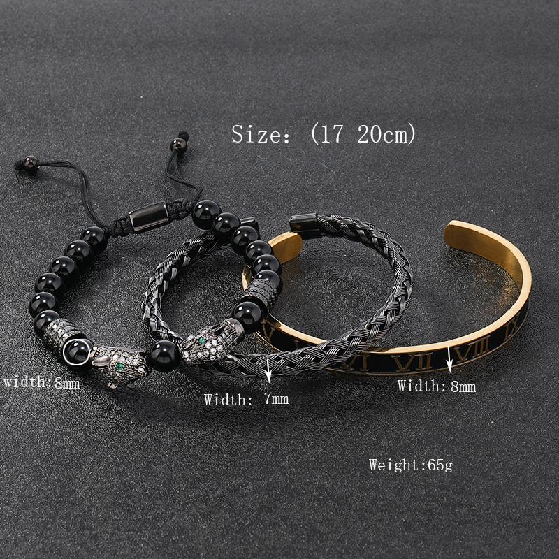 Luxury Black Stone Beads Leopard Head Man Bracelet Enamel Stainless Steel Roman Bangles Women Jewelry 3 pieces make a set
