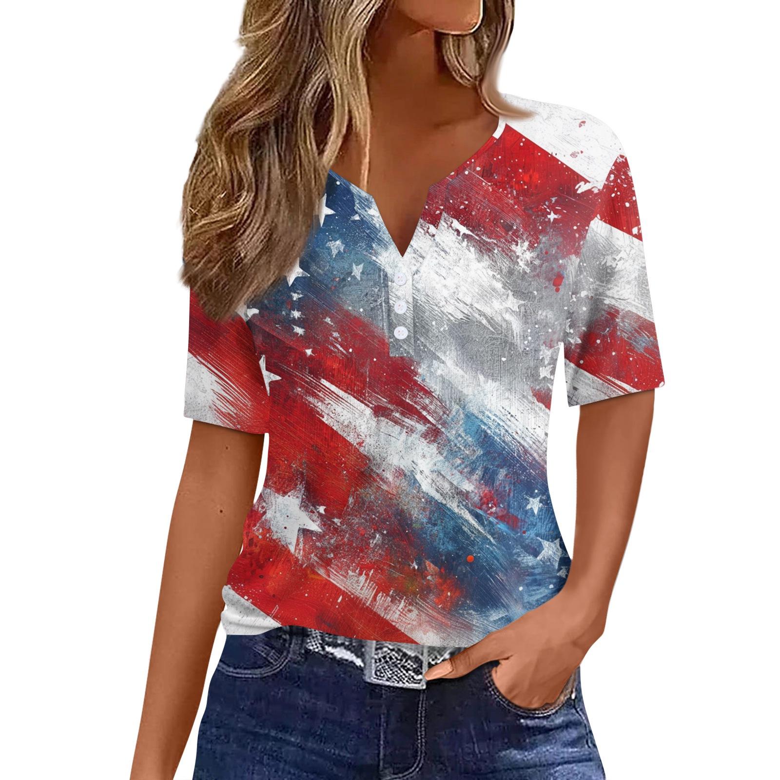 

Жіноча футболка з принтом до Дня Незалежності, на ґудзиках, з коротким рукавом, повсякденна, для вихідних, модна, базова, з V-подібним вирізом, звичайна XXXL Кіновар