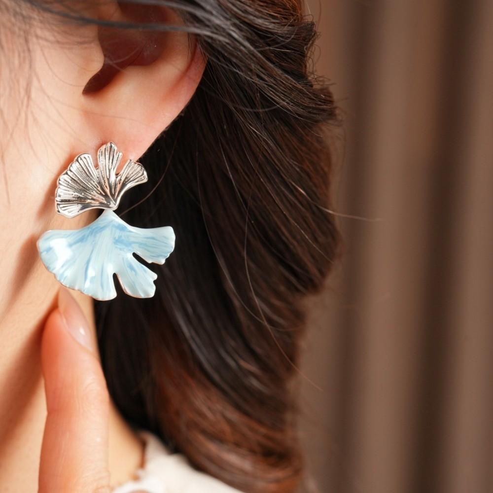 Elegant Double-layer Ginkgo Earrings Leaf Fan Shaped Blue Silver Ginkgo Ear Pendant Copper Oil Drip Earrings Jewelry Gift