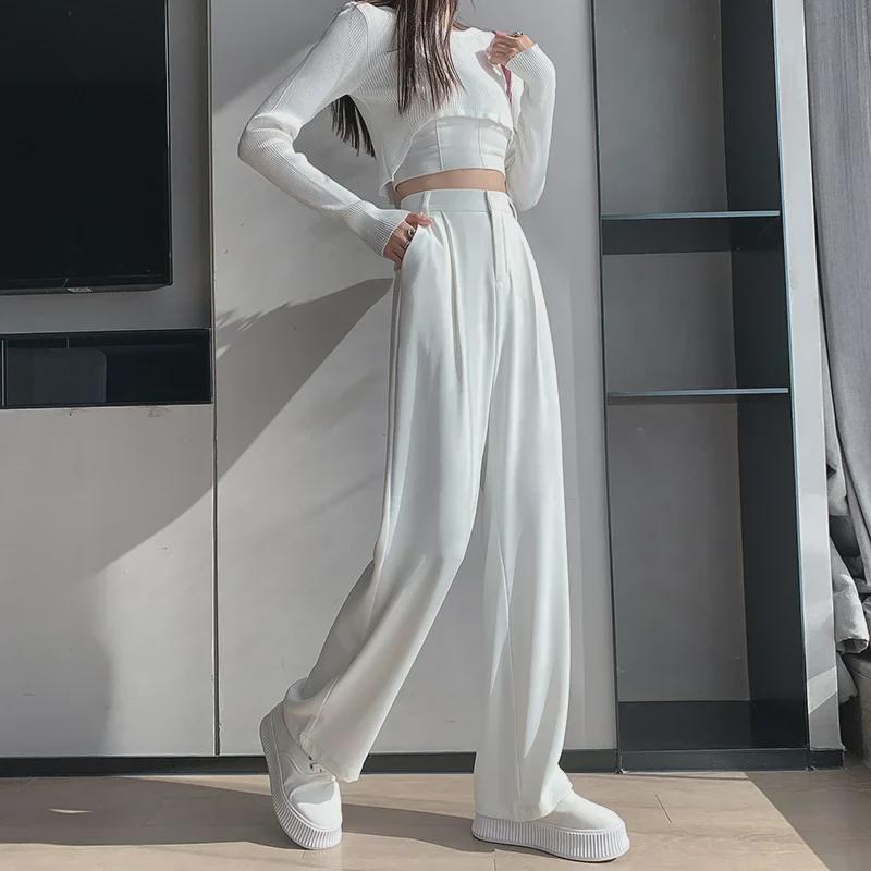 Women's High Waist Wide-Leg White Suit Pants - Spring & Autumn Trend, Lightweight with a Straight Loose Fit