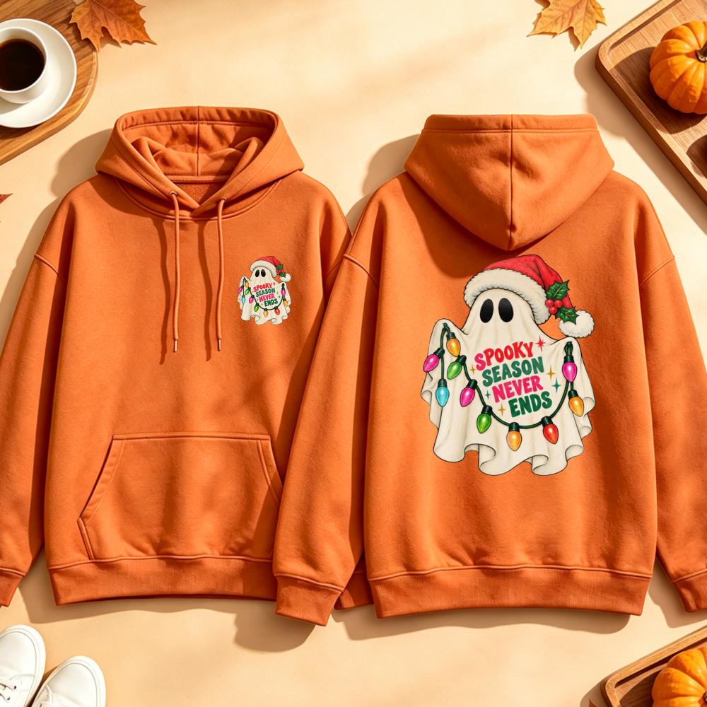 Women Hoodie Spooky Season Never Ends Ghost Christmas Lights Santa Hat Funny Graphic Pullover Sweatshirt Casual Halloween Top