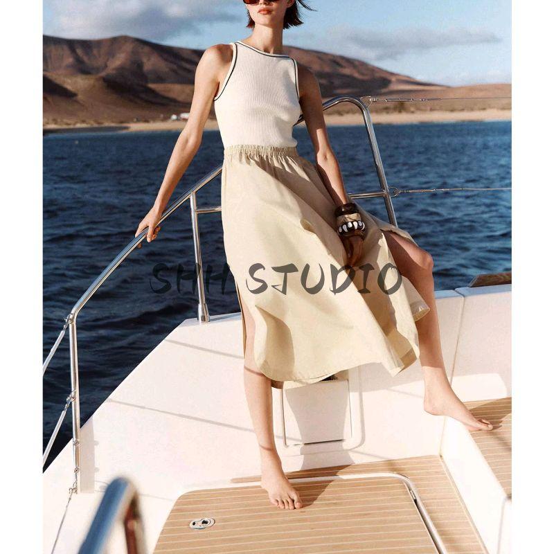 Autumn New Women Clothes Round Neck Sleeveless Vest Poplin Patchwork Midi Dress 8372046 8351224