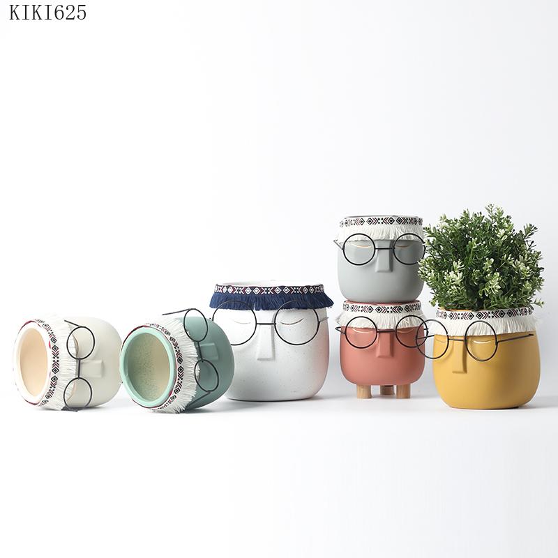 Creative Abstract Black Frame Glasses Head Ceramic Flower Pot Vase Succulents Cactus Potted Garden Decor Human Face Flower Pot