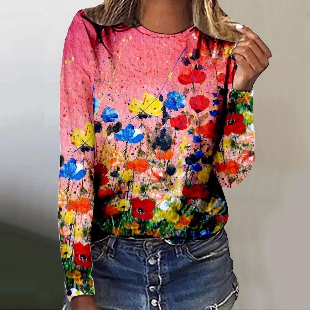 Spring and Autumn Round Neck 3D Flower Pattern Printed Top Fashionable Casual Long Sleeved Women's T-shirts