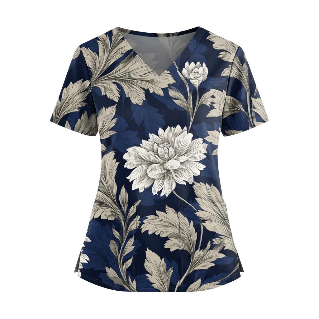 Ladies' Fashionable Floral Print V-neck Double Pocket Short Sleeved Shirt With Slit Hem And Protective Worker's Top