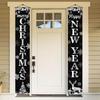Happy New Year Porch Banner Holiday Party Decoration Black And Silver Hanging Door Sign Outdoor Indoor Festive Wall Decor Snowflake Reindeer Design