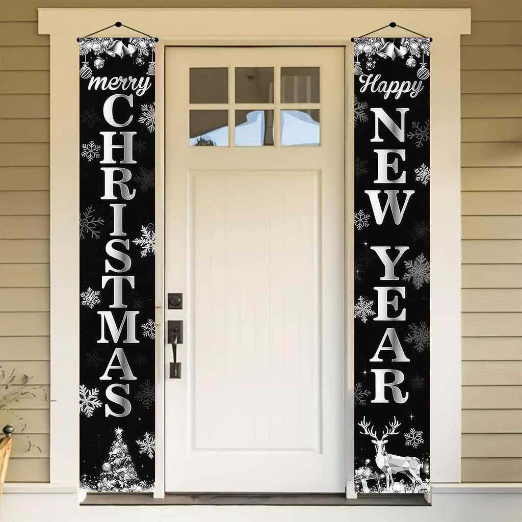 Happy New Year Porch Banner Holiday Party Decoration Black And Silver Hanging Door Sign Outdoor Indoor Festive Wall Decor Snowflake Reindeer Design