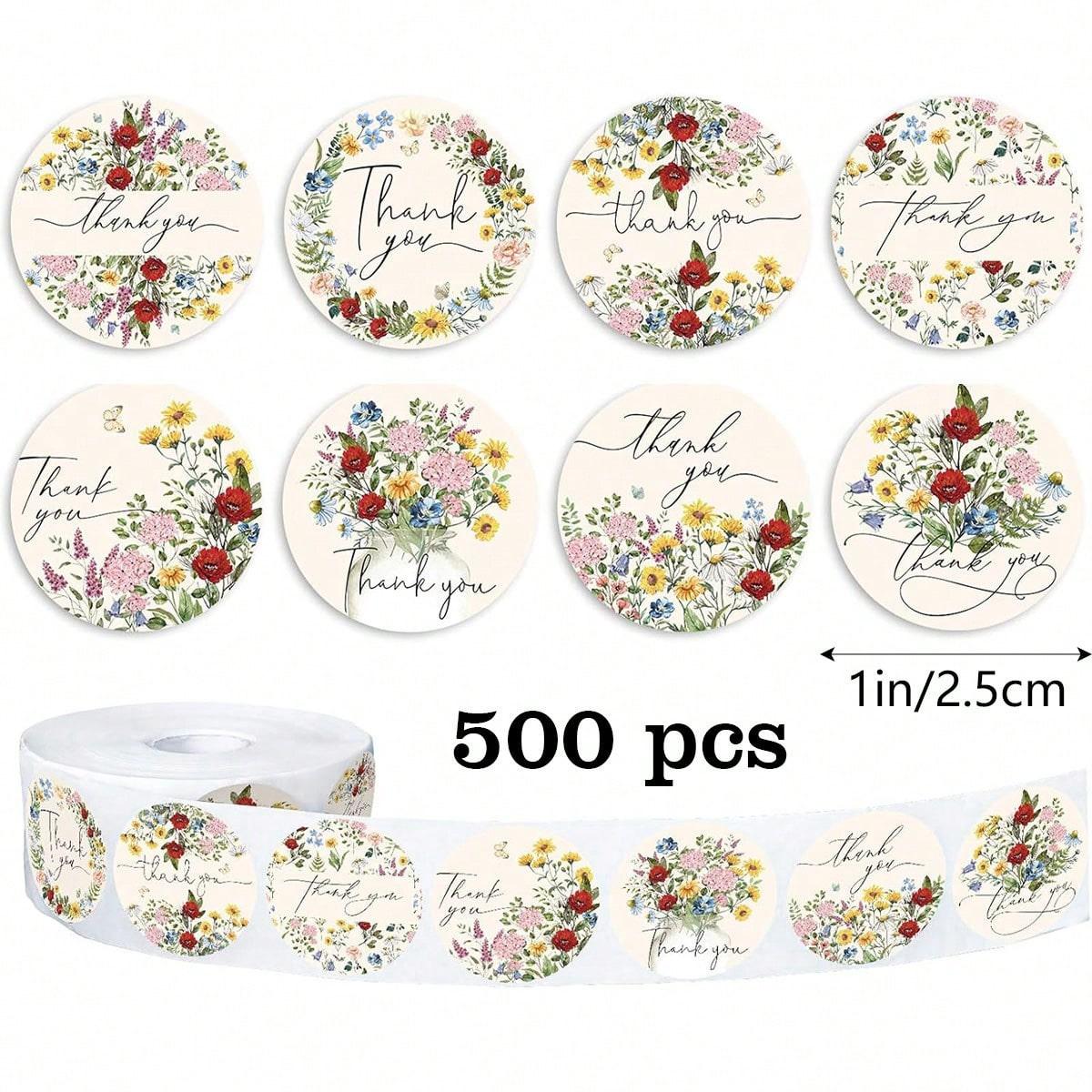 500 pieces of round small floral thank-you graffiti roll stickers for DIY decorative sealing stickers, PVC self-adhesive labels, 1 inch in size