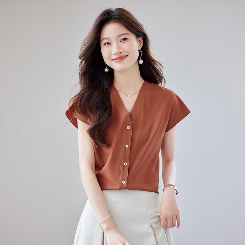 Troymon Women s Summer V-Neck Chiffon Blouse S