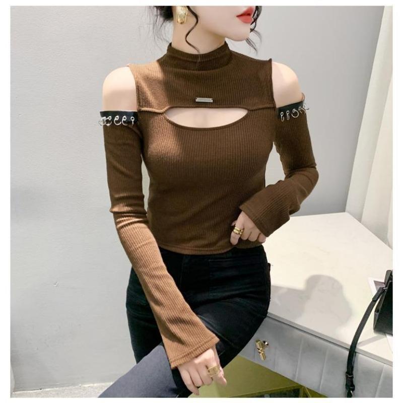 Women's Beige Cutout Cold Shoulder Casual  Turtleneck Slim Ribbed Knit Long-Sleeve Top