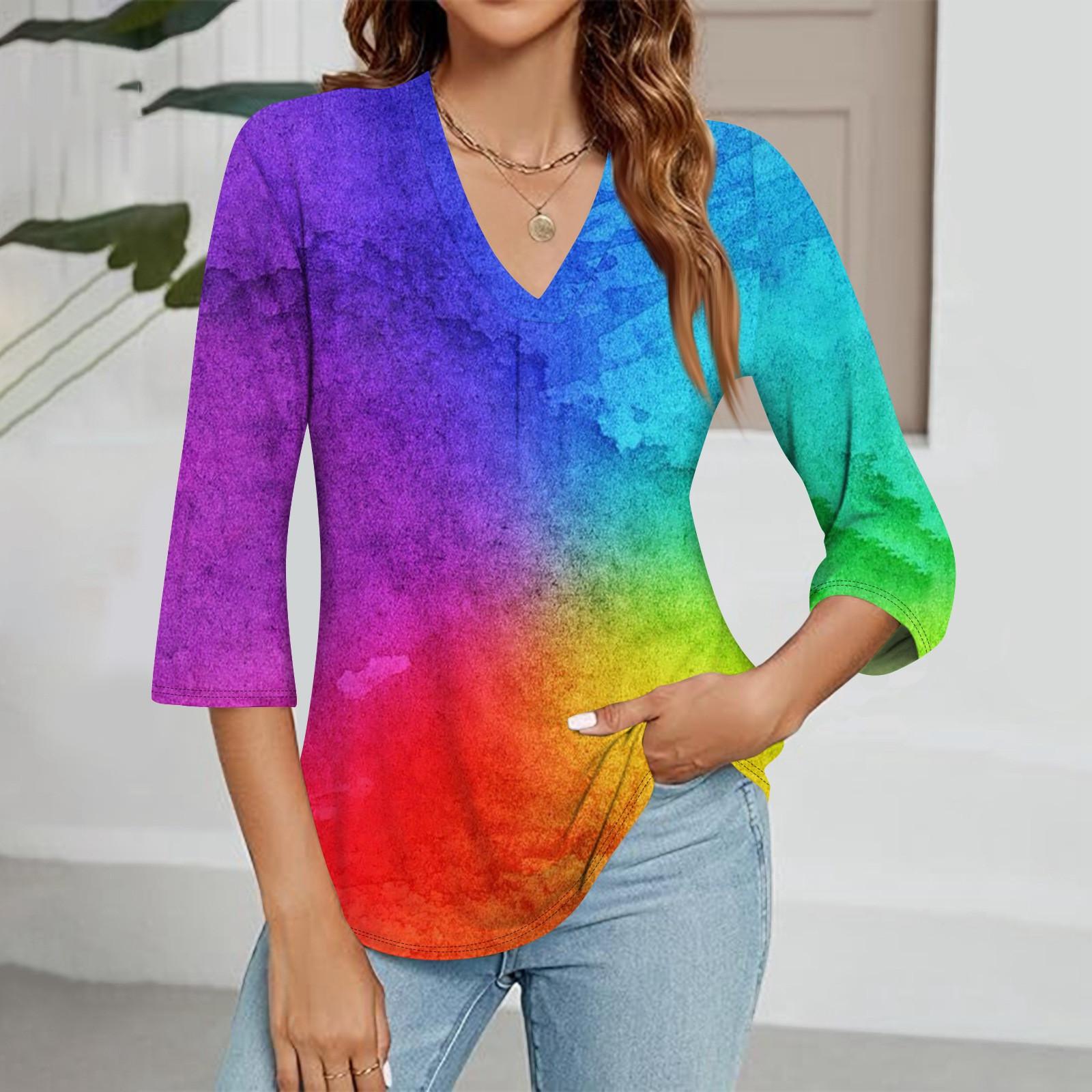

Женский модный топ с v-образным вырезом и градиентным принтом, рукав три четверти XXL фиолетовый