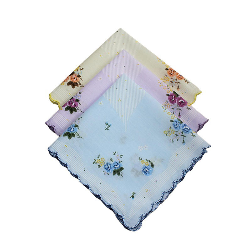 3pcs Small Floral Women's Handkerchiefs Crescent Edge Girl Printed Cotton White Background Refreshing Ladies Handkerchiefs