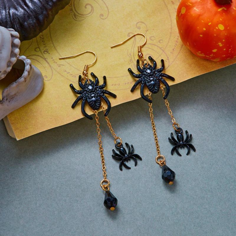 Punk Rhinestone Halloween Earrings Crystal Spider Ghost Long Tassel Drop Earrings Unisex Jewelry