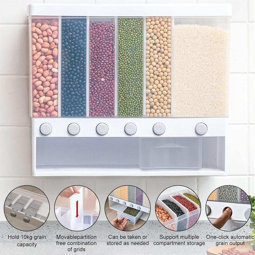 6 in1 Cereal Dispenser Dry Food Dispenser Storage Container Wall Mount Cereal Grain Rice Dispenser 6 Grid Rice Dispenser Food Bucket for Kitchen Home