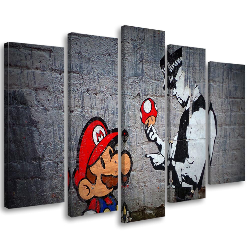 Pětidílný obraz na plátně Banksy Mario Graffiti
