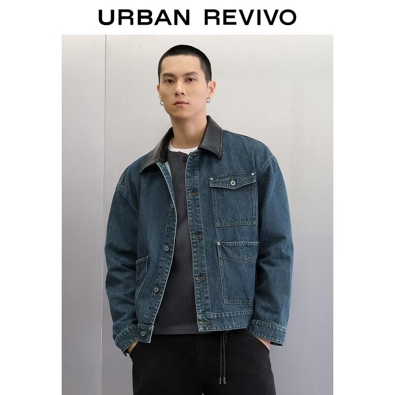 UR 2026 Men's Retro Barn-style Color-block Lapel Denim Jacket