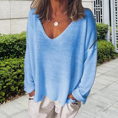 Damen T-Shirt V-Ausschnitt Langarm Loose Fit T-Shirt Einfarbig Atmungsaktiv Lässig Pullover Tops Alltagskleidung