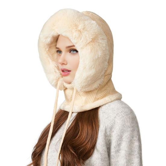 Winter Headgear with Scarf Face Guard Solid 3 In 1 Hat Color Adjustable Drawstring Windproof Hat