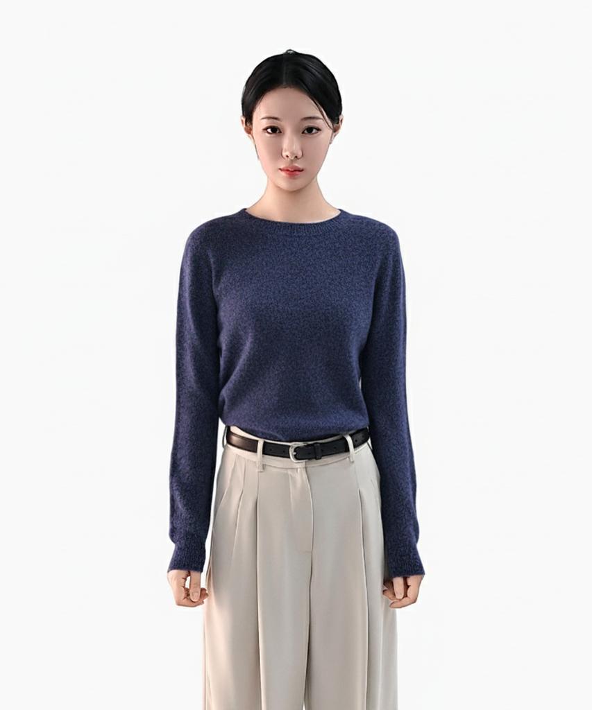 Keulleiseu 100% Wool Heather Round Neck Knit Sweater_Brown