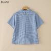 ZANZEA Women Casual Round Neck Plaid Print Loose Short Sleeve Blouse