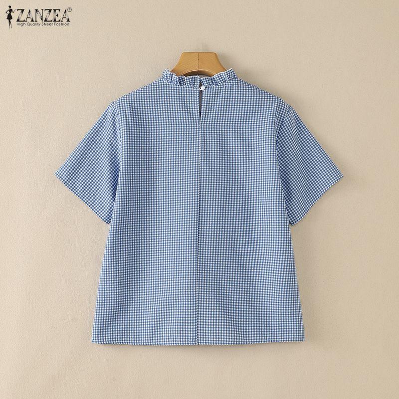 ZANZEA Women Casual Round Neck Plaid Print Loose Short Sleeve Blouse