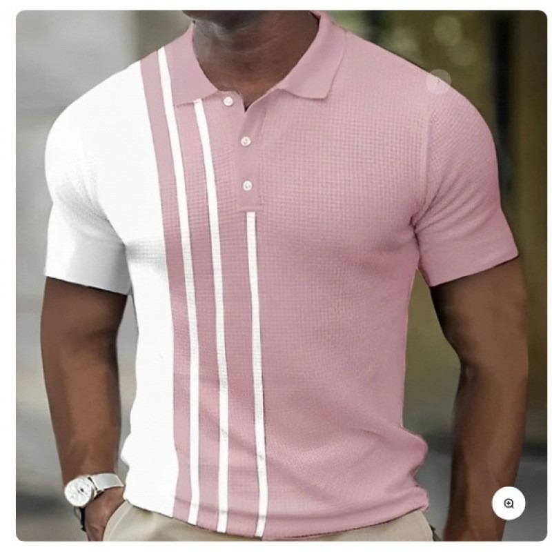 

Men s Pink And White Color Block Vertical Stripe Waffle Knit Polo Shirtmens color block polo shirt S розовый