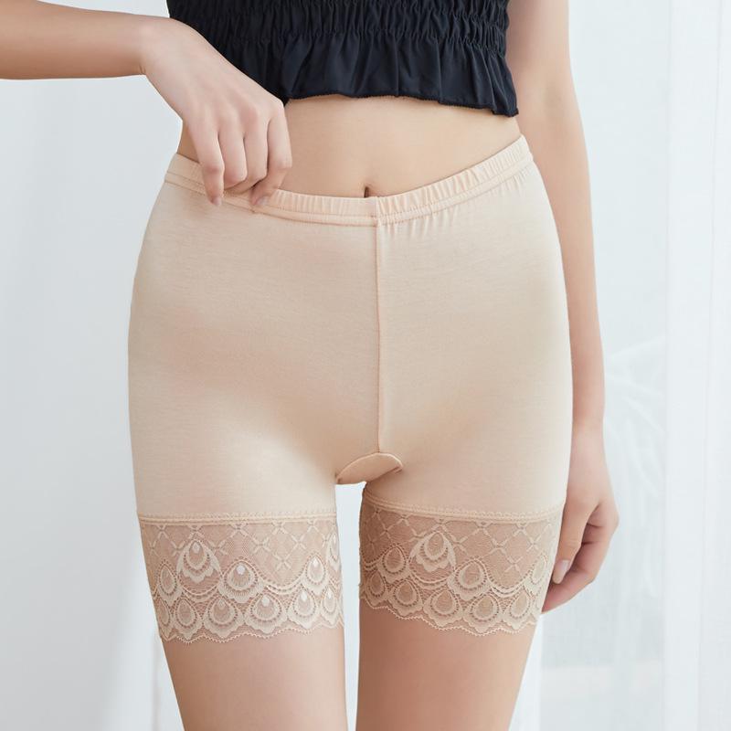 

Леггинсы три четверти из модала с кружевной отделкой: Однотонные, защитные, летние тонкие брюки для девочек Large (60-75 kg) телесный