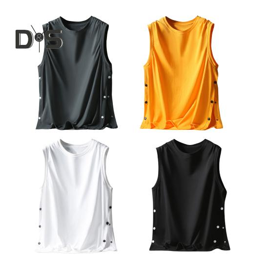 Men Vest Sleeveless Round Neck Loose Fit Tank Tops with Side Buckles Closure Solid Color Casual Tops Summer Wear