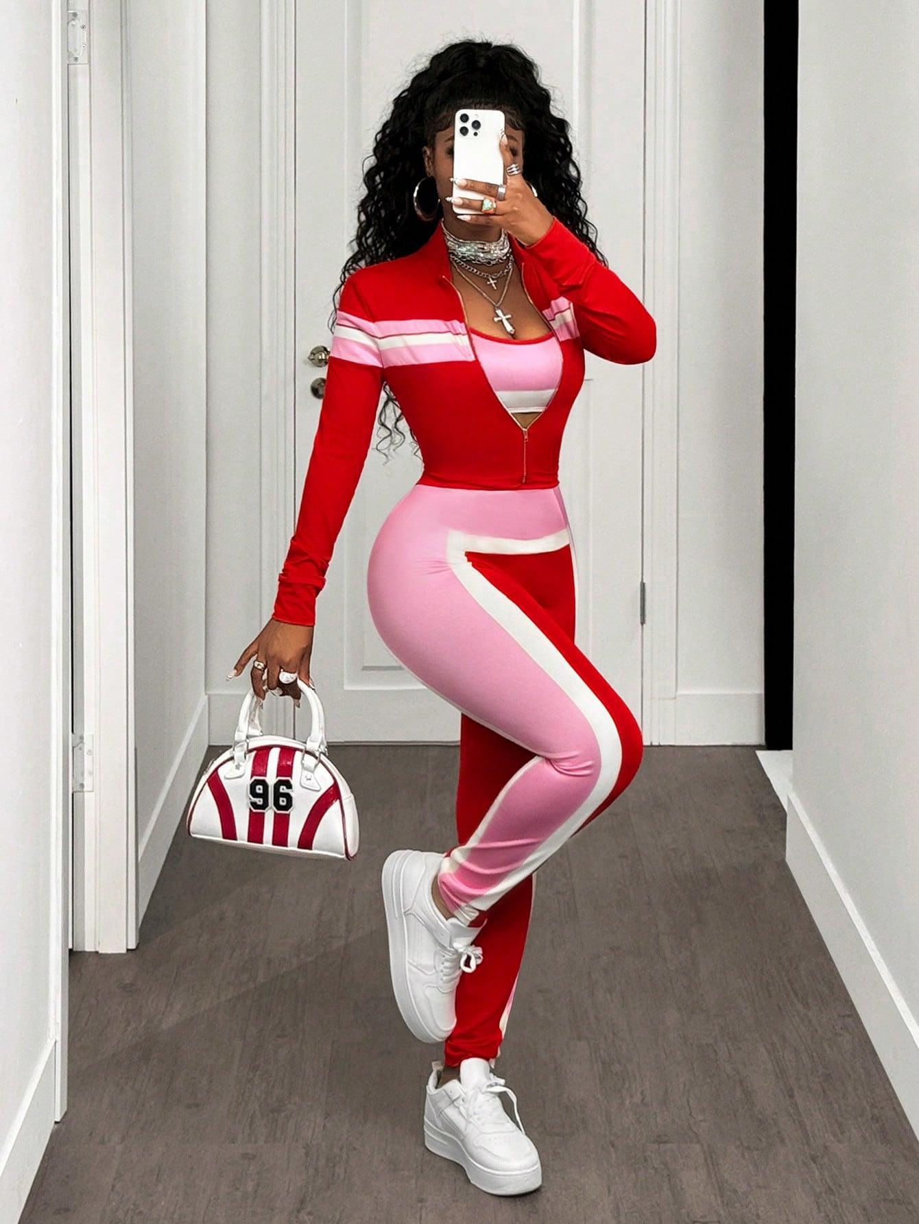 

Women s Color Block Patchwork Zip-Up Cardigan & Pants 3-Piece Set - Sporty Casual Style Large різнокольоровий