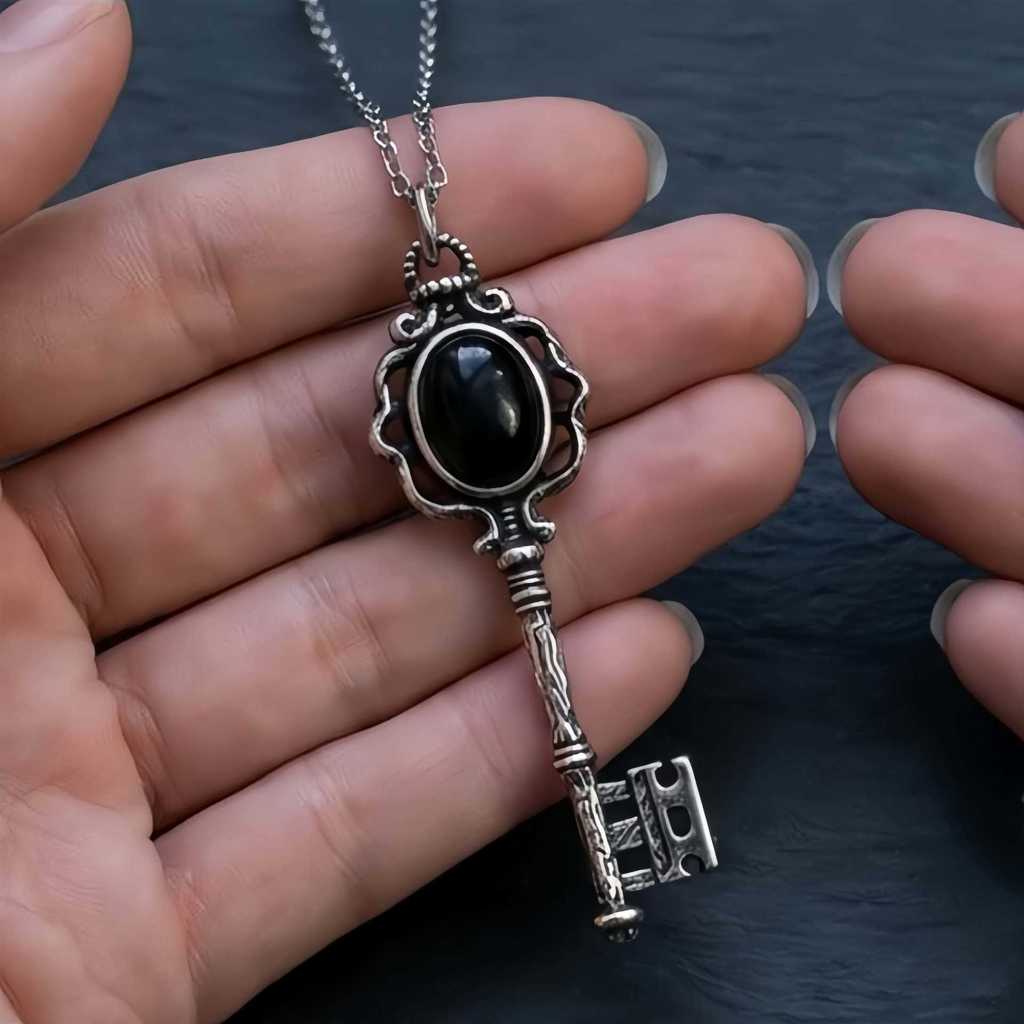 Dark Academy Key Pendant Necklace With Moonstone And Obsidian For Gothic Women