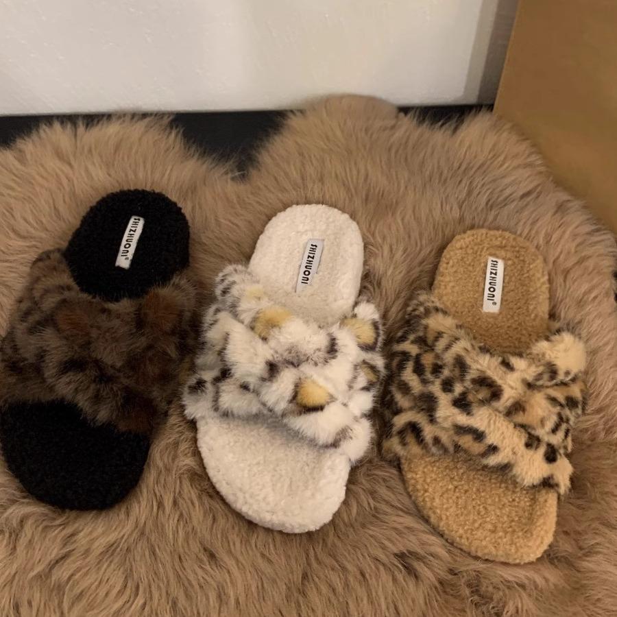 Platform leopard print fluffy shoes women's shoes wear 2025 new autumn and winter cotton slippers lamb wool fashion cotton shoes